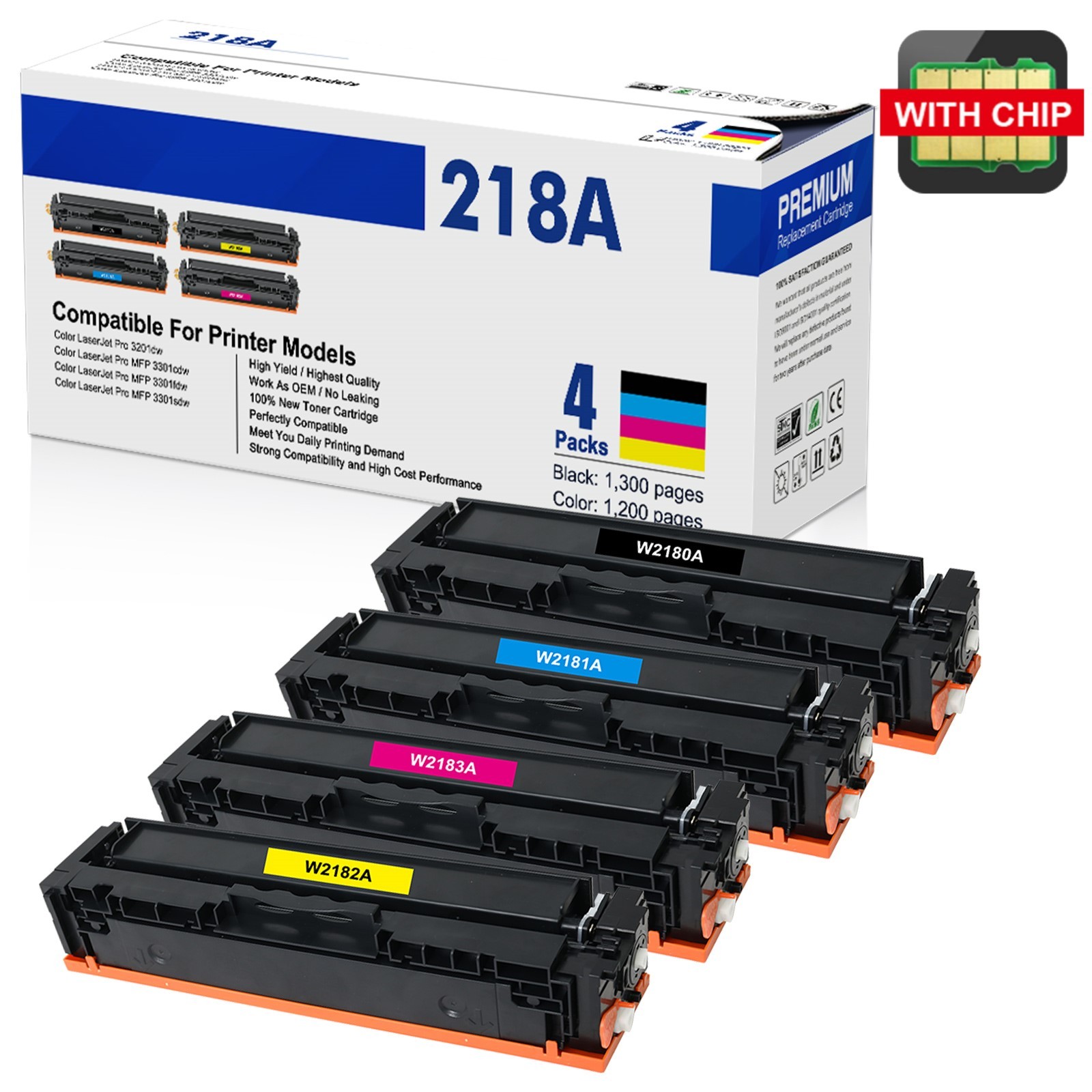4PK 218A W2180A W2181A W2182A W2183A Toner for HP 3201dw MFP 3301fdw - With Chip