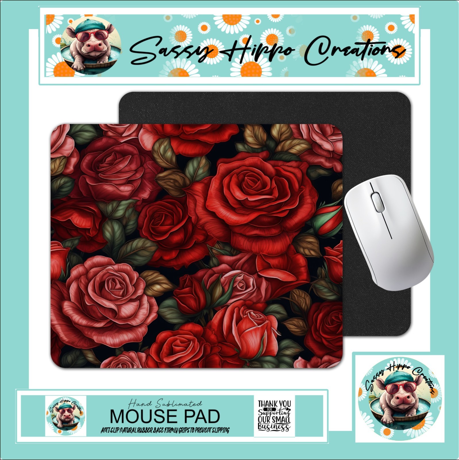 Mouse Pad Shades of Red Roses Flowers Floral Anti Slip Back Easy Clean Sublimate