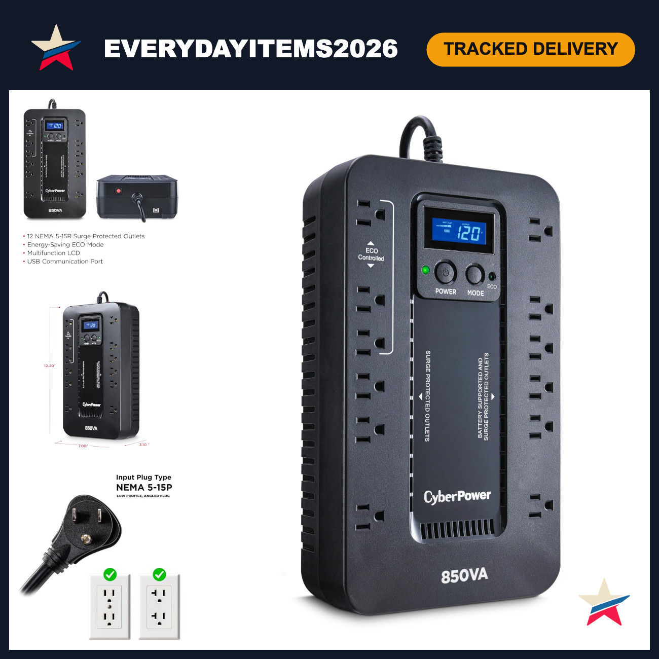 Eco-Friendly UPS Battery Backup & Surge Protector, 850VA, LCD Display, Compact D