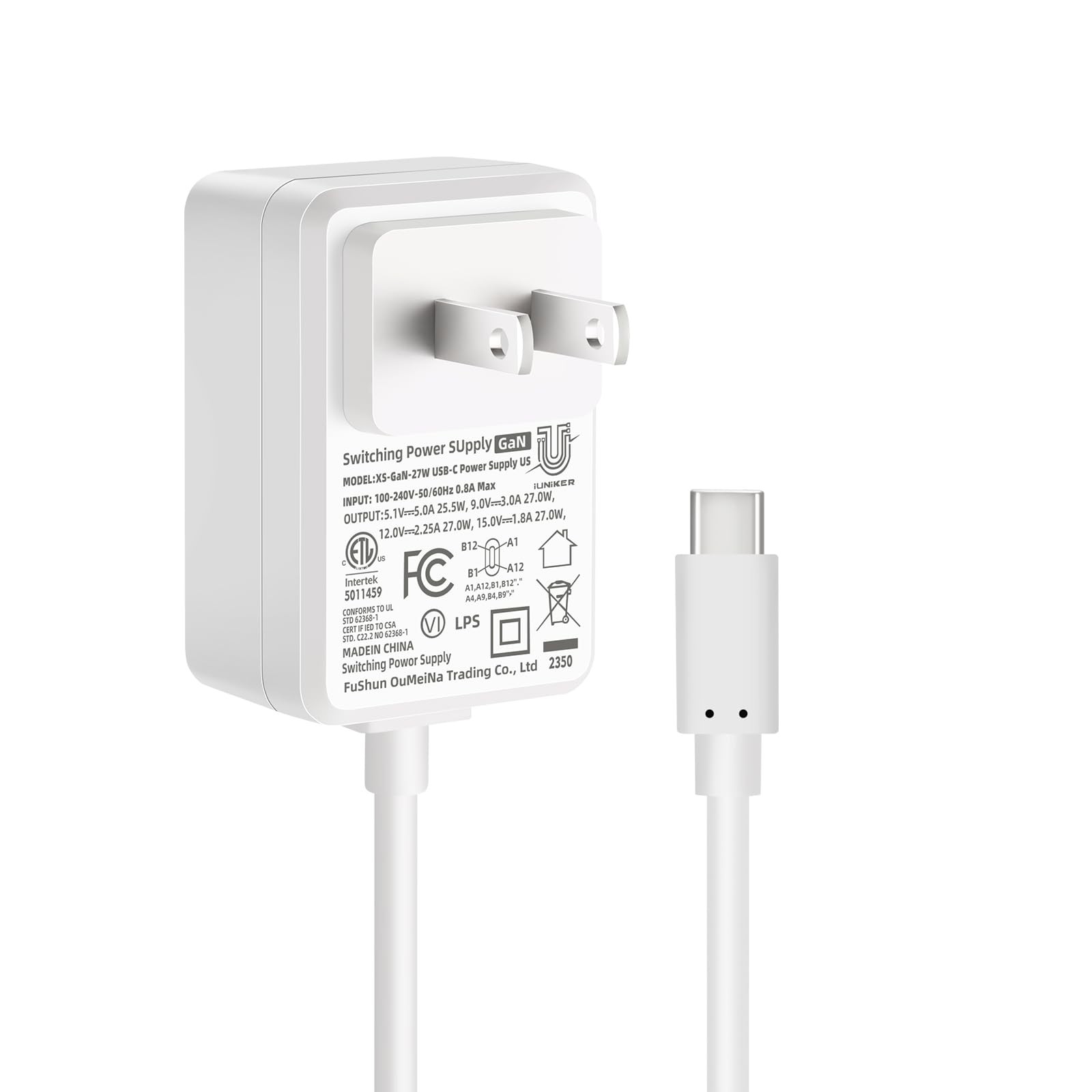 PD USB-C 27W Power Supply for Raspberry Pi 5, Cable Length 47 inch 5.1V 5A GaN P