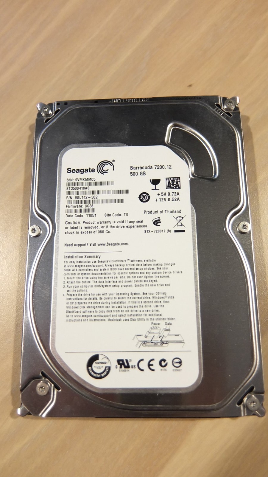 Seagate 500GB SATA 3.5 Hard Drive ST3500418AS PN 9SL142-302 FW CC38 TK 11051