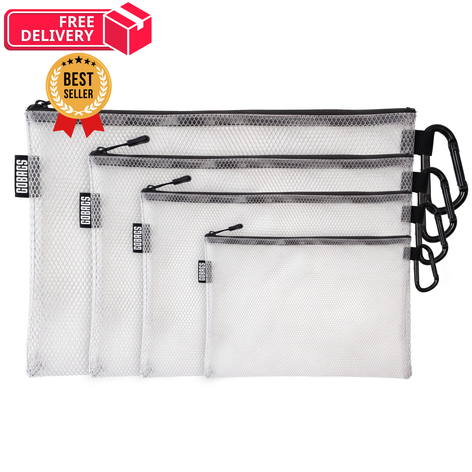 GOBAGS Air Production Multi-Size Clear Zipper Pouch (4‑Pack) – Multi, Black