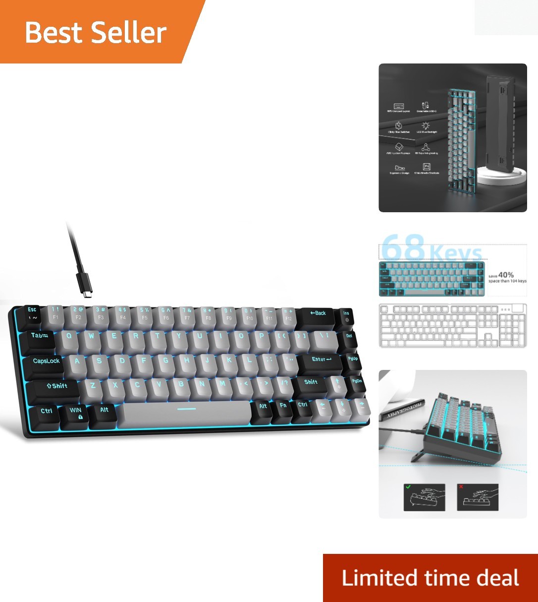 MK-Box 68 Keys Compact Mechanical Keyboard: Ergonomic & Blue Backlit Design