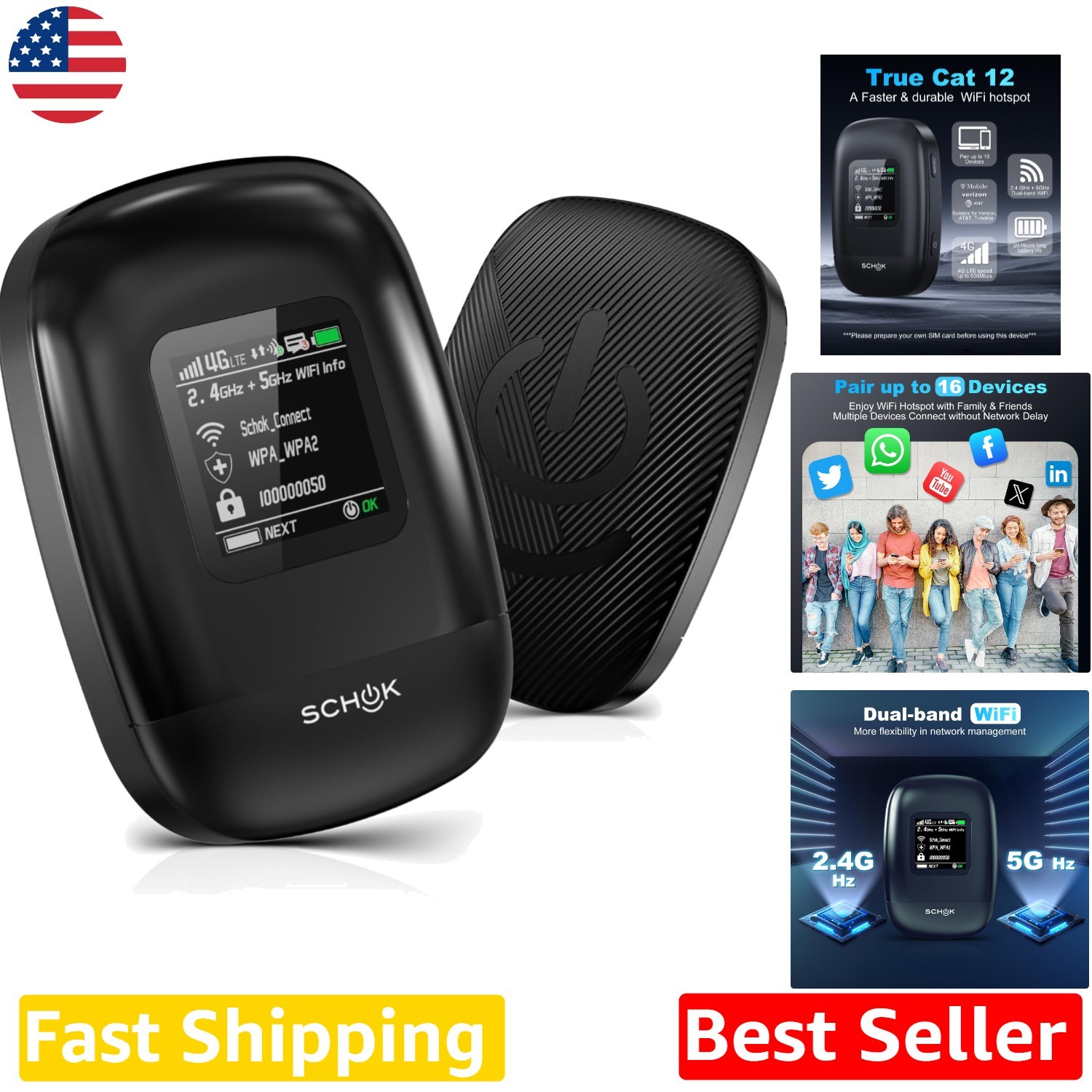 4G LTE Portable WiFi Hotspot, Cat 12, 600Mbps, 16 Devices, Travel Ready