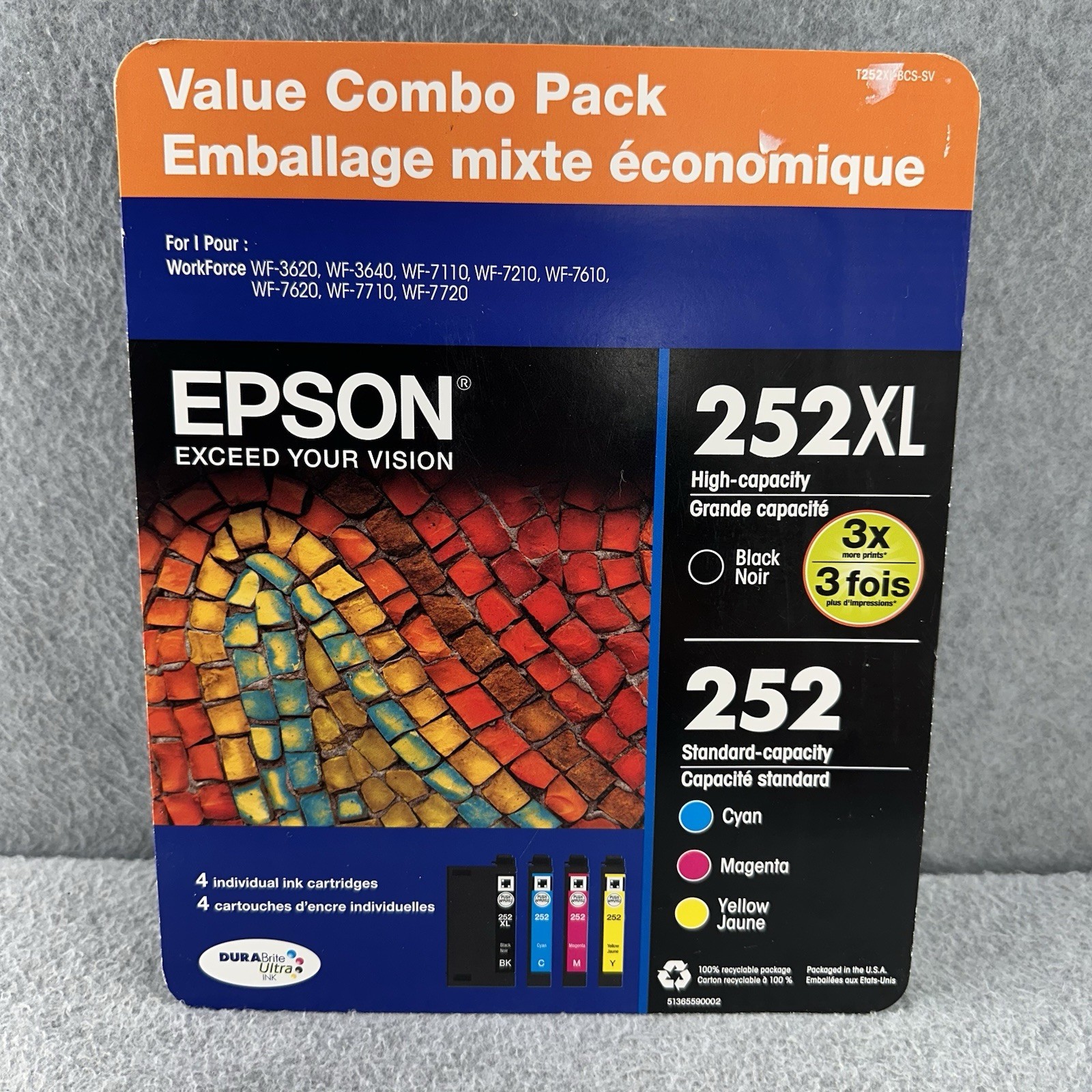 Genuine Epson 252XL Black & 252 Color Ink Cartridge T252XL-BCS  Exp 2021 OEM NEW