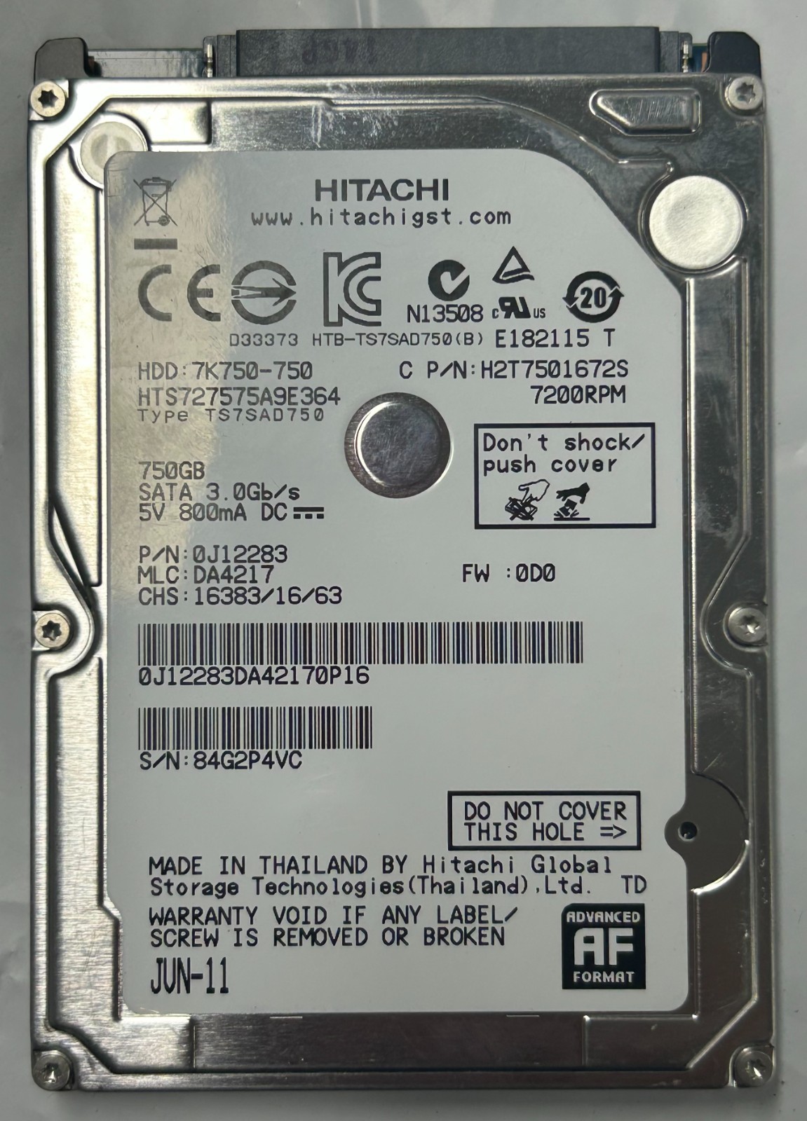 Hitachi HTS727575A9E364 0J12283 DA4217 (84G) Thailand 2.5" 750gb Sata HDD