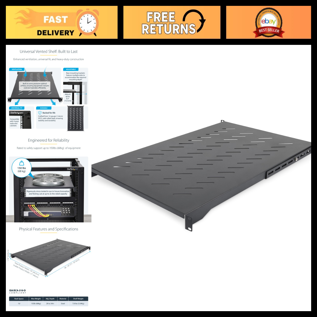 Adjustable 1U 4-Post Vented Rack Shelf, 28-34.4in, 150lb Capacity, Heavy Duty