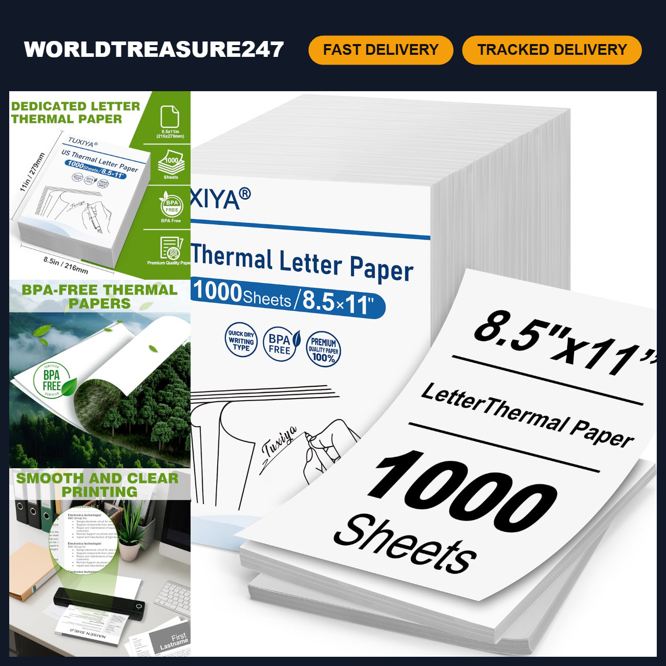 1000 Sheets Thermal Printer Paper 8.5"x11" - High Quality, Fast Drying, Compatib