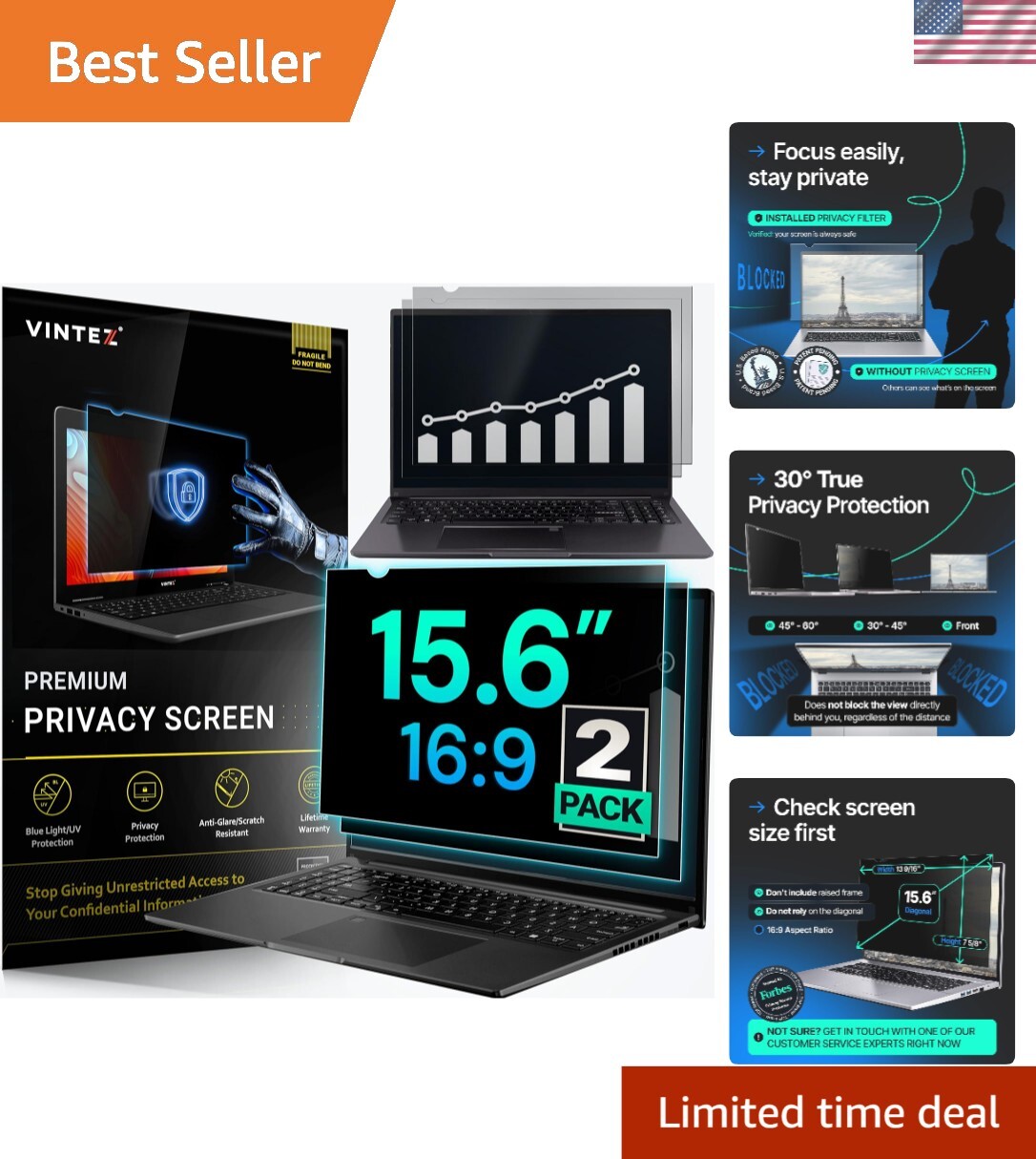 Vintez 15.6” Diagonal Privacy Screen Filters - Secure and Eye-Friendly Solution