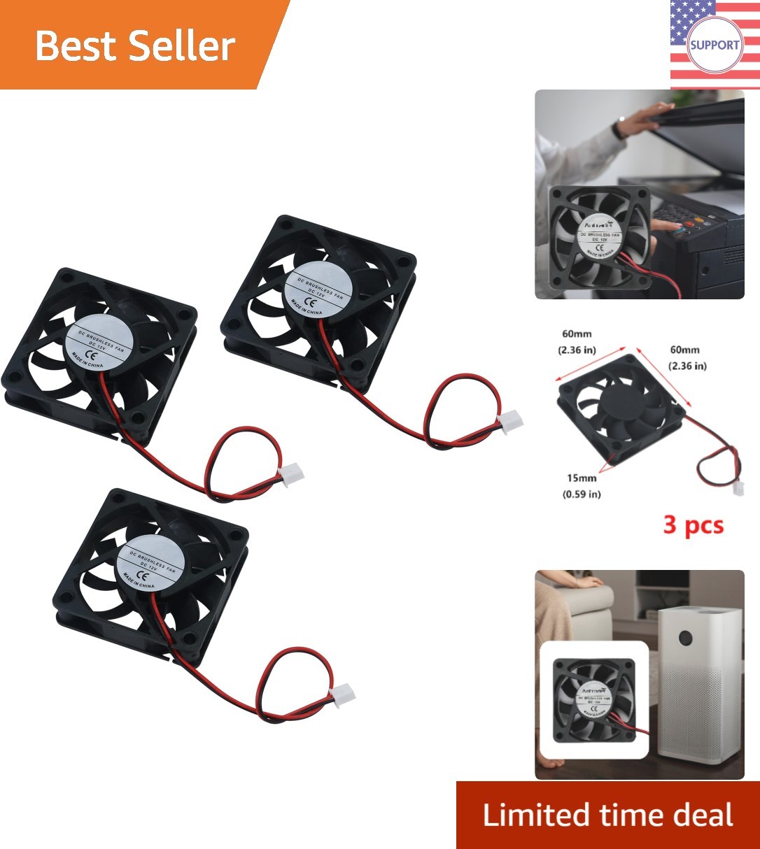 3 Pack Brushless 12V Cooling Fans 60x60x15mm for Silent 3D Printer Performance