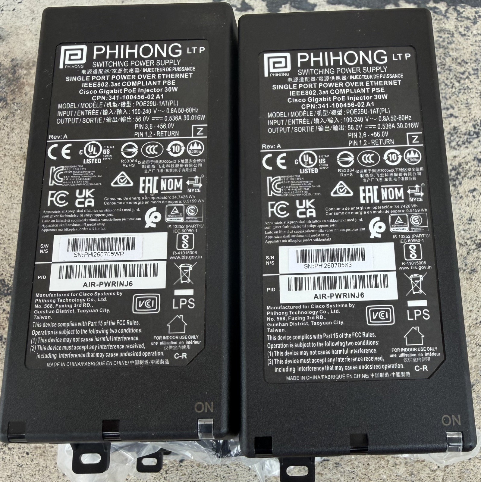 Lot of  10- Phihong Cisco Gigabit POE Injector 30W POE29U-1AT(PL) Power Supply