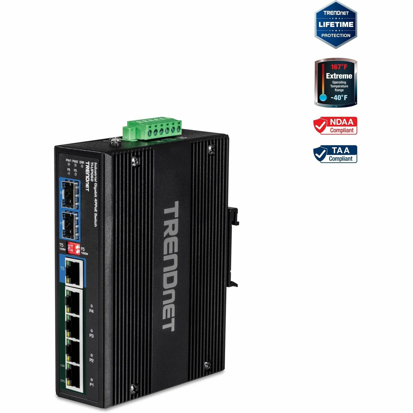 TRENDnet TI-UPG62, 6-Port Hardened Industrial Gigabit PoE++ DIN-Rail Network