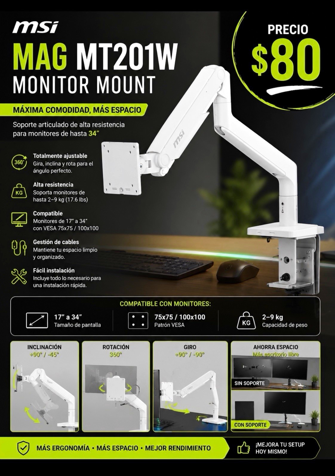 MSI MAG MT201W White Desk Mount Arm 17-34in VESA 75x75 100x100 Tilt/Rotate