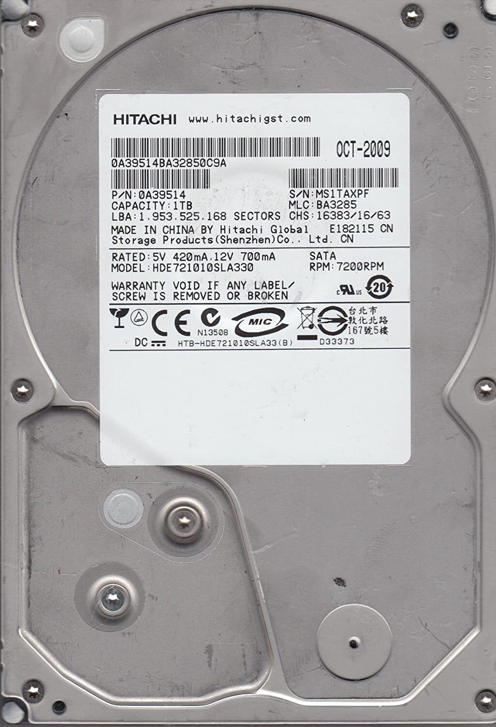 HDE721010SLA330 Hitachi 3.5" 1TB 7.2K SATA HDD 0A39514