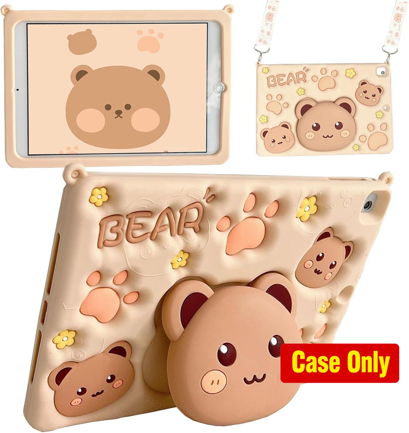 Case for Galaxy Tab S6 Lite 10.4'' - Cute 3D Kawaii Bear Silicone Cover