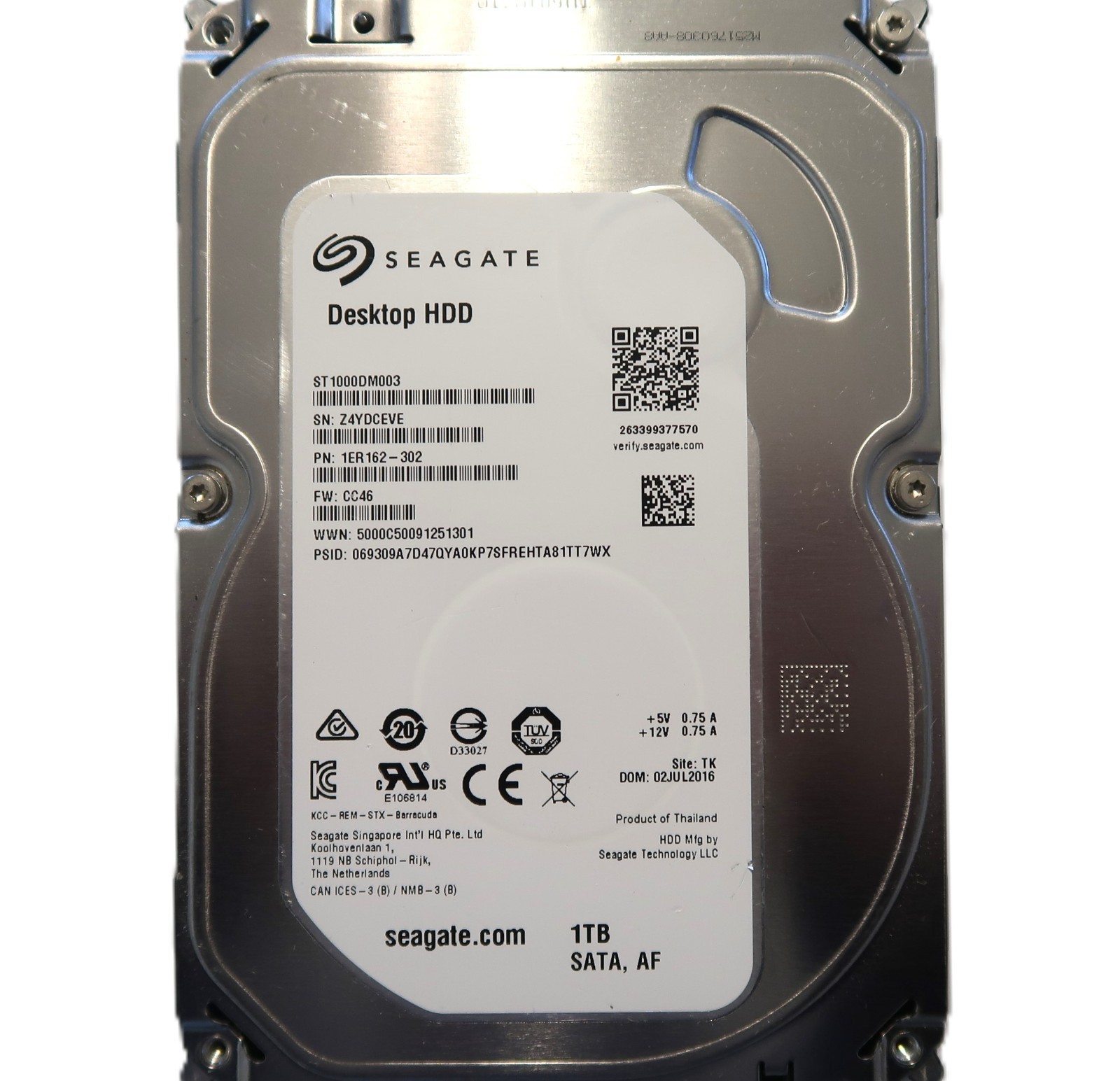 ST1000DM003 PN: 1ER162-302 FW: CC46 (Z4YD) TK Thailand 1TB 3.5" Sata HDD 07/2016