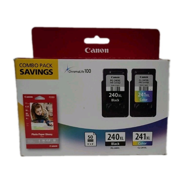Genuine OEM  Canon PG-240XL CL-241XL Ink Cartridges Combo Pack + 50 Photo Paper