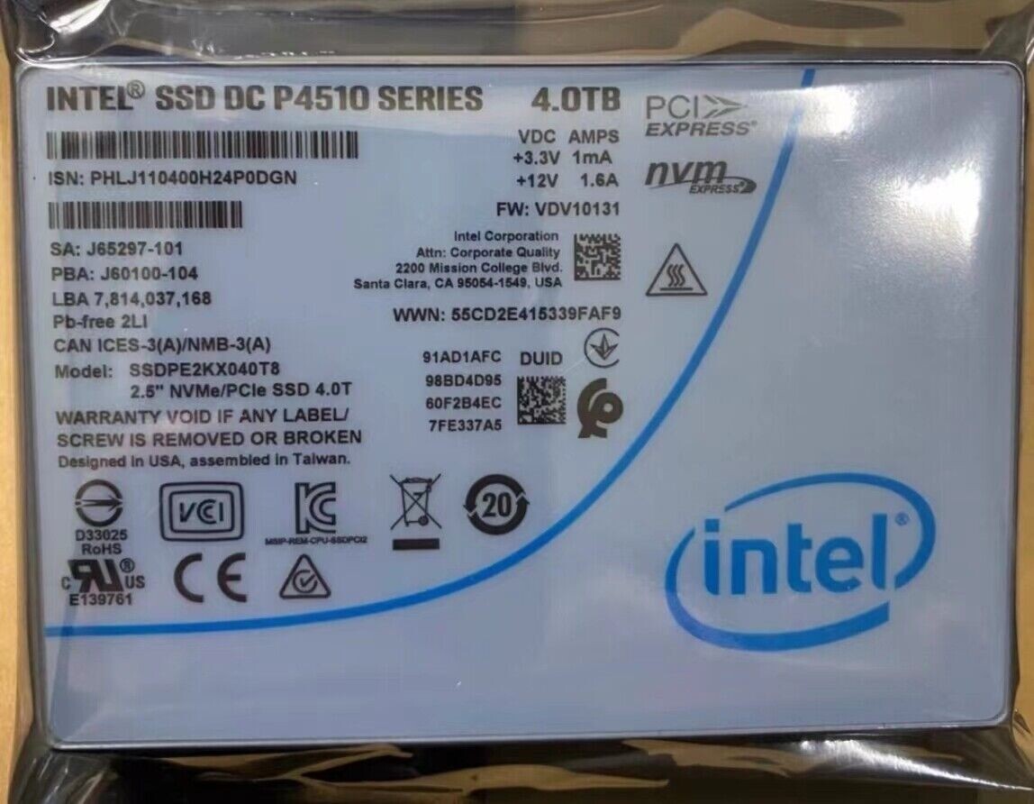 compatible Intel DC P4510 4TB U.2 NVMe PCIe 2.5''Solid State Drive SSDPE2KX040T8