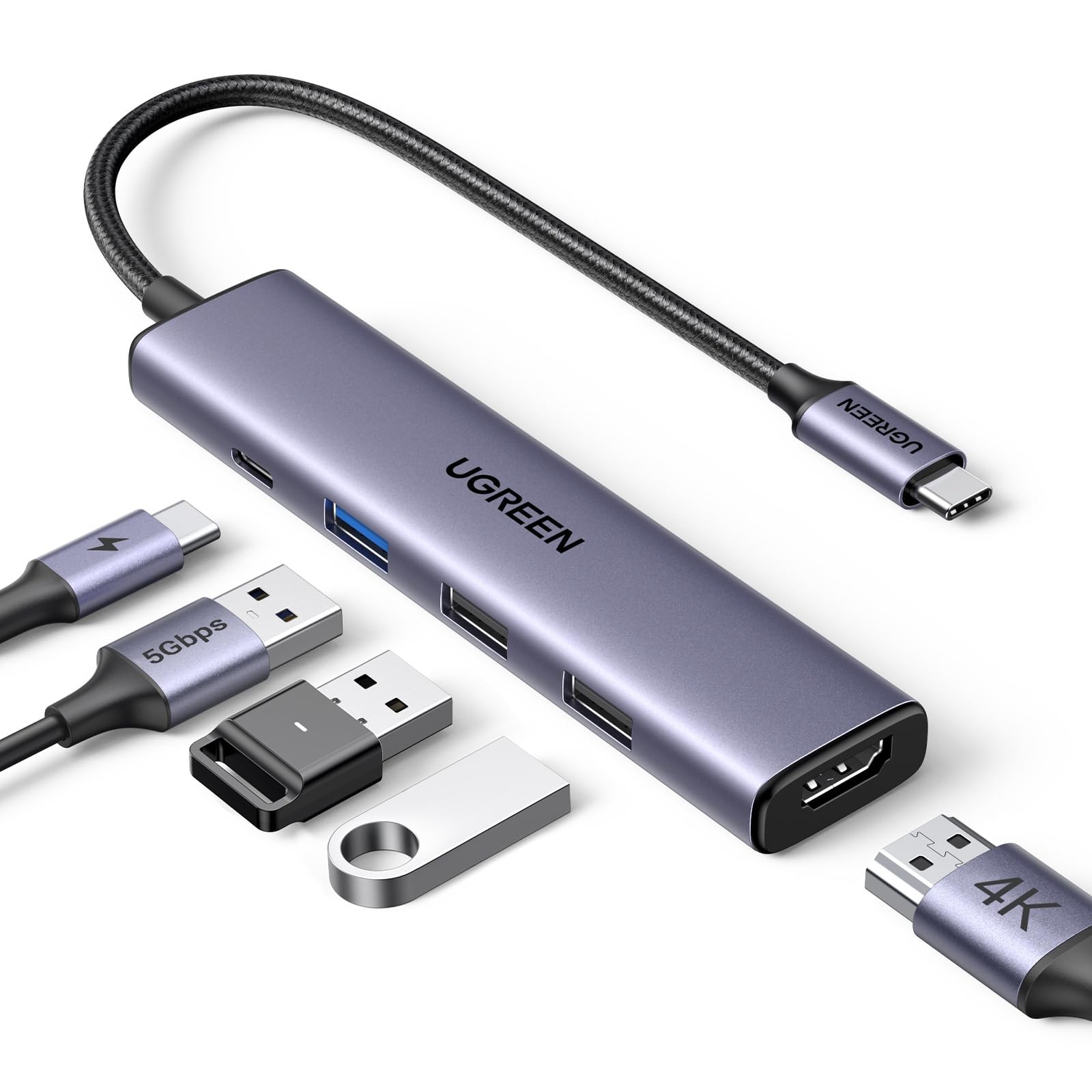 UGREEN USB C Hub 5 in 1 Multiport Adapter 4K HDMI, 100W 0.65 feet, grey