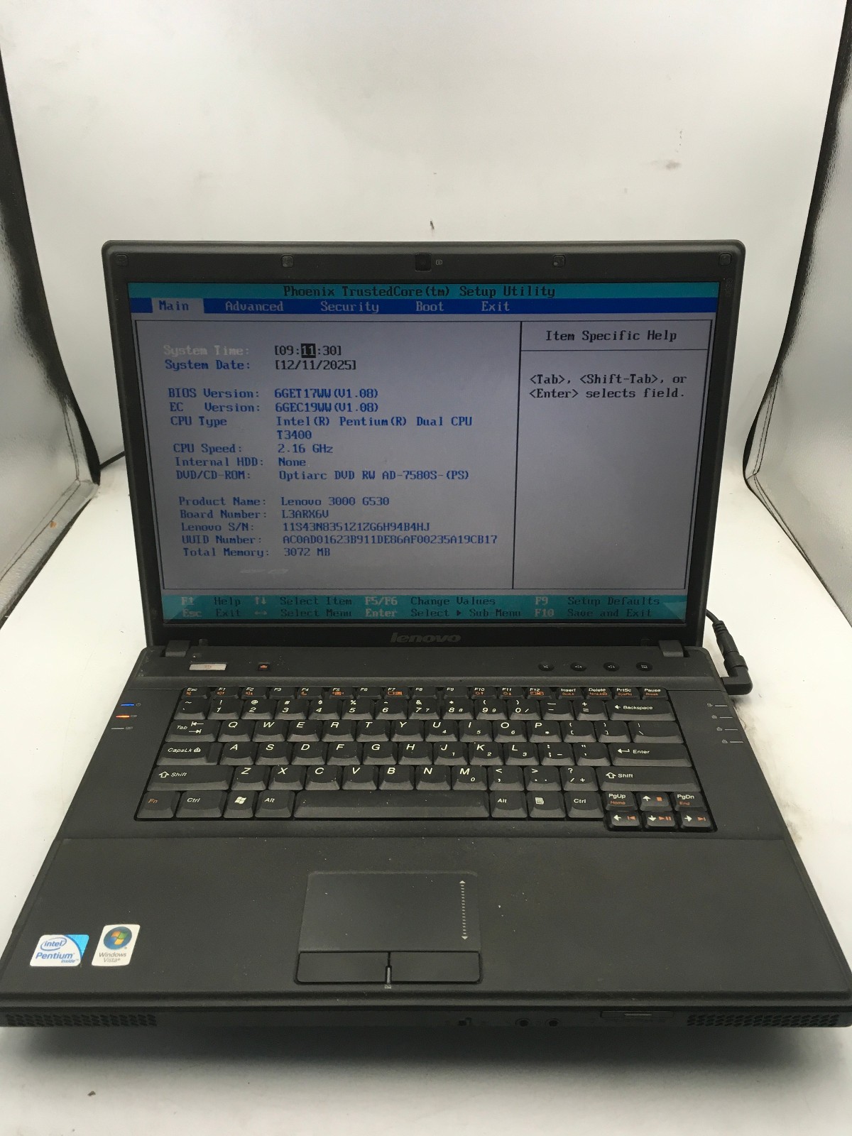 LENOVO G530 - BOOTS TO BIOS - INTEL PENITUM T4300 - 3GB RAM - NO OS - READ - BB