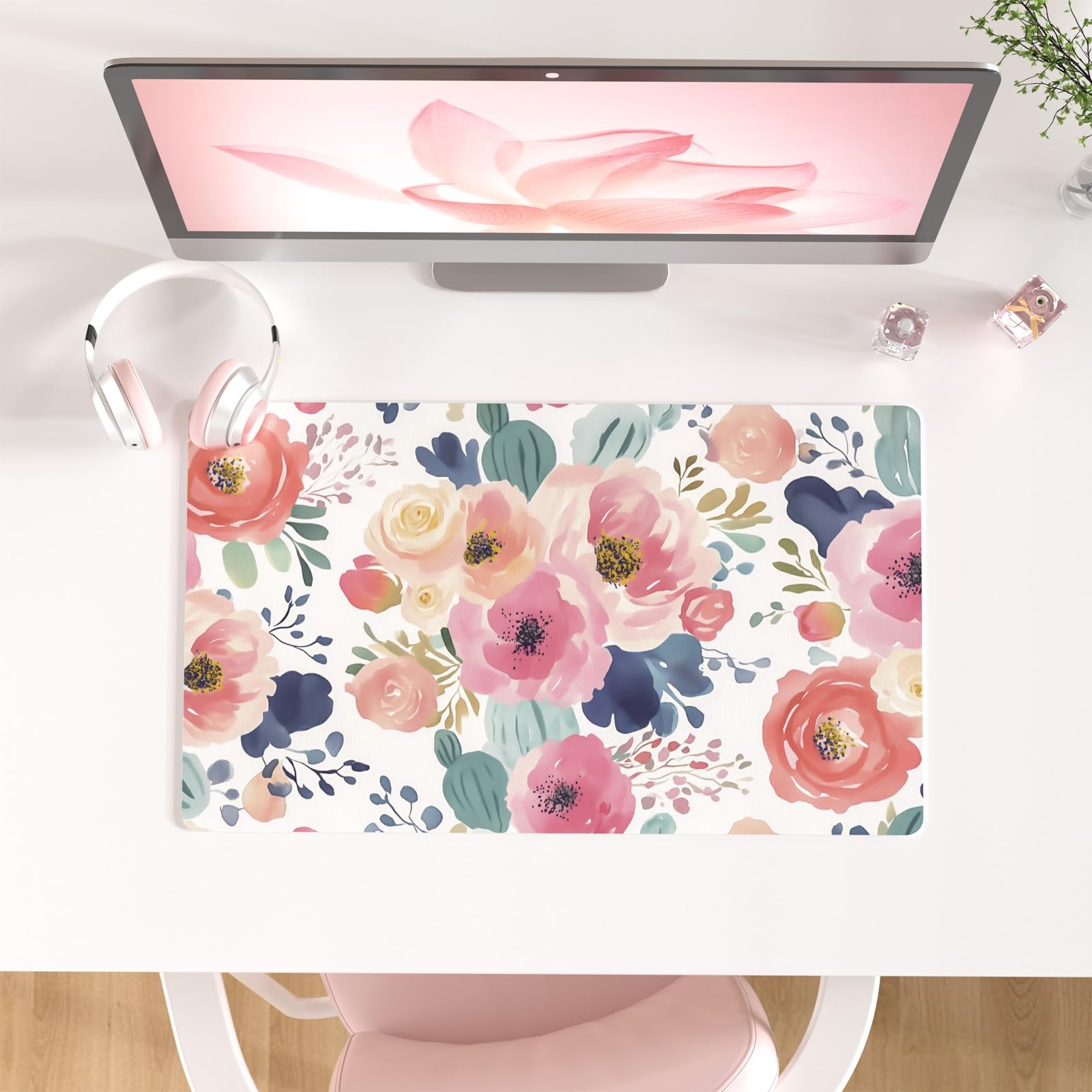 Large Pink Floral Mouse Pad PU Leather Waterproof Desk Mat 23.6x13.8 Inch
