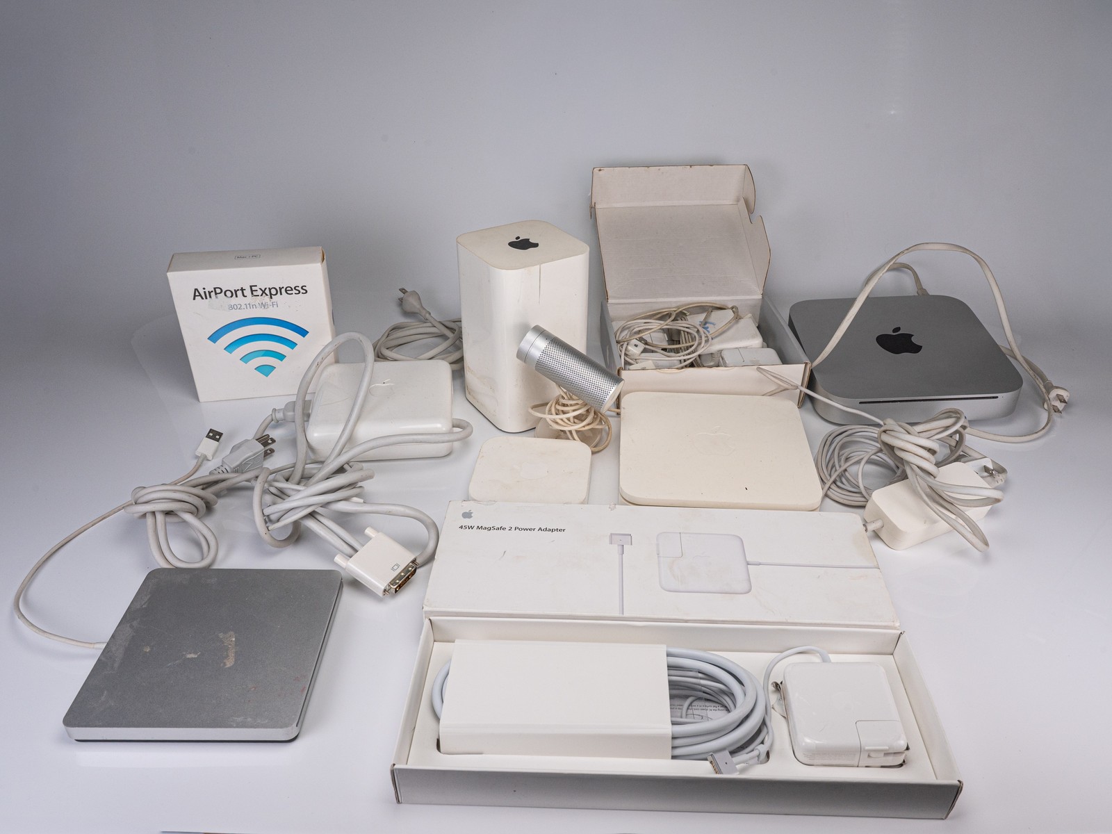 Apple Vintage Aluminum Hardware Lot Mac Mini iSight AirPort SuperDrive Chargers