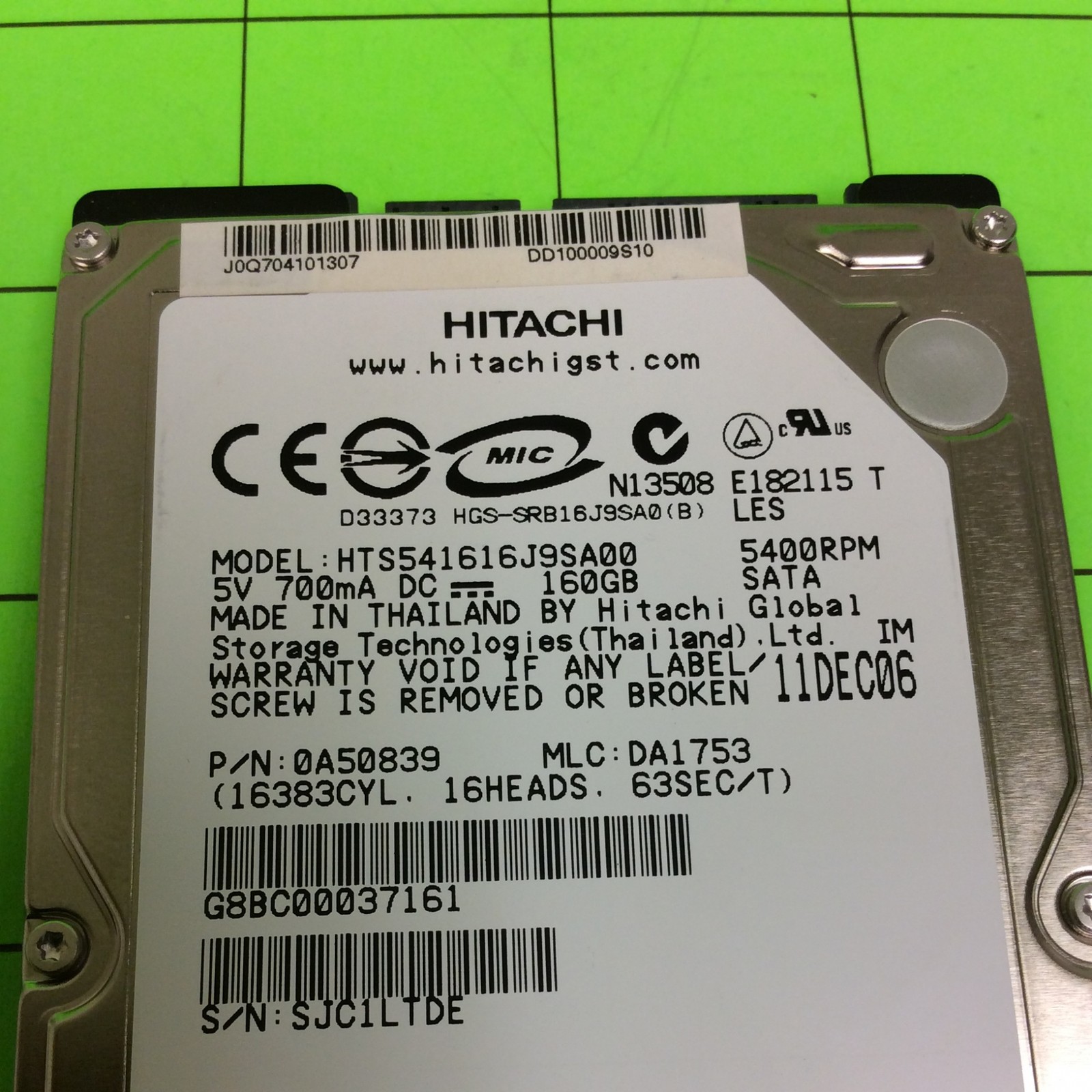 Laptop Computer Hitachi HTS541616J9SA00 0A50839 160GB SATA Hard Disk Drive
