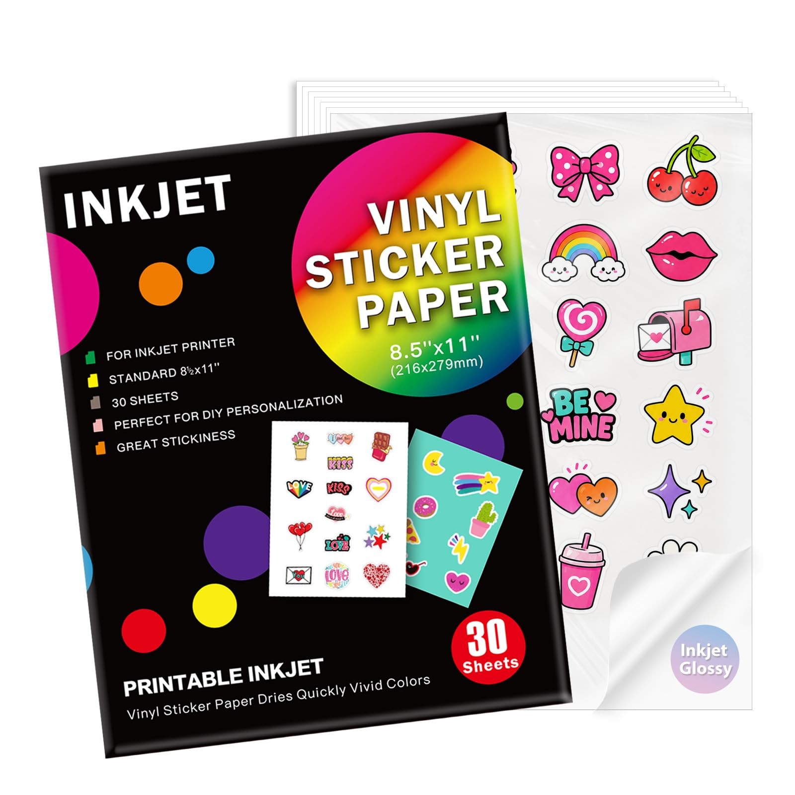 Printable Vinyl Sticker , 8.5 x11 Glossy White 30 Sheets