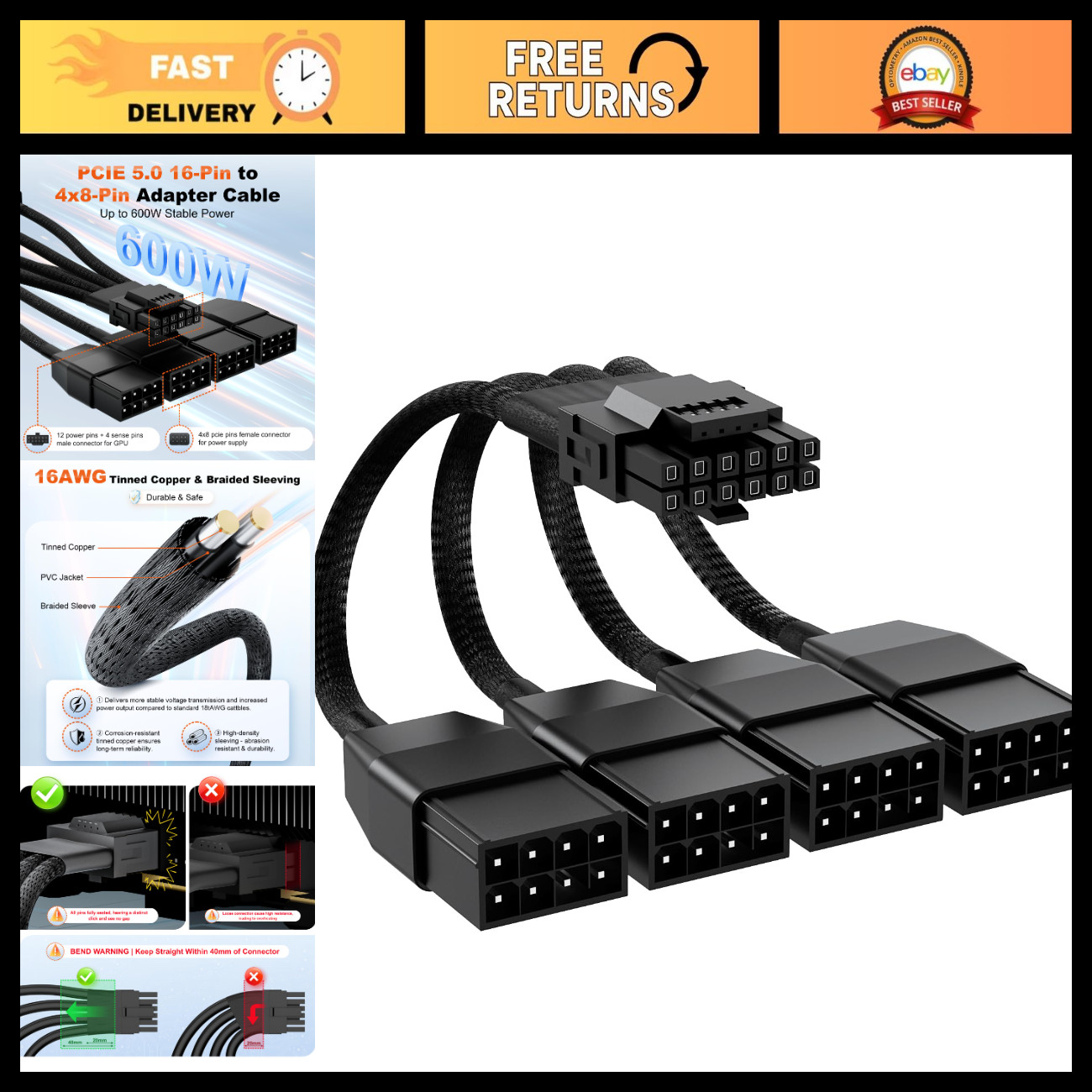 600W 16 Pin Male to 4x8 Pin Female GPU Power Cable, 12V High-Performance Connect