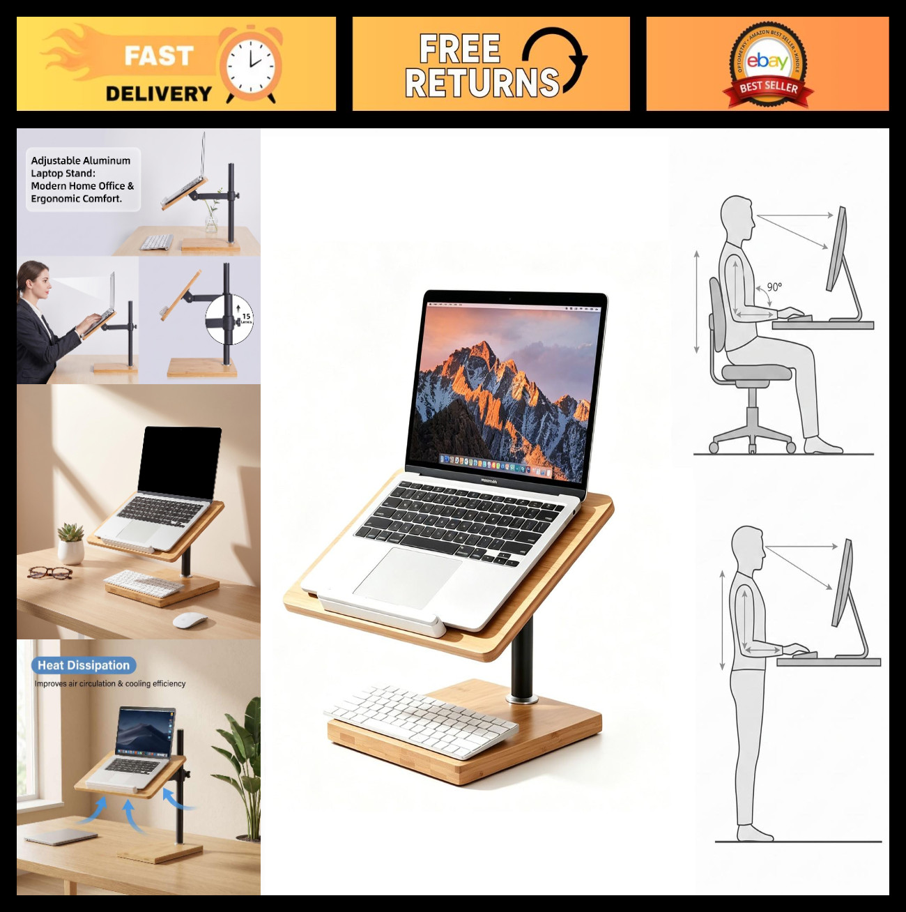 Adjustable Laptop Stand for Desk - Large Bamboo & Wood Base, Tiltable Riser, Hei