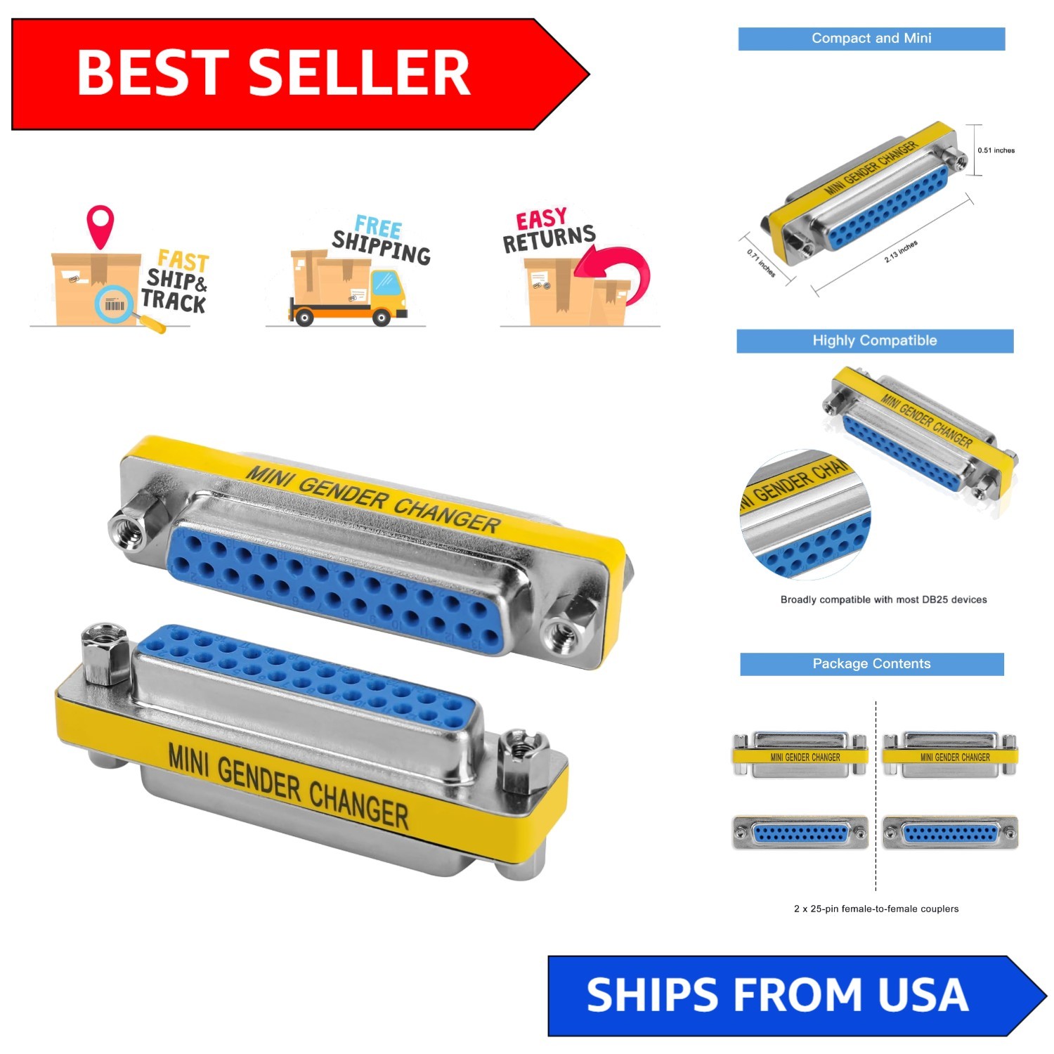 2 Pack 25-Pin Female-to-Female RS232 Adapter Couplers for Seamless Connections