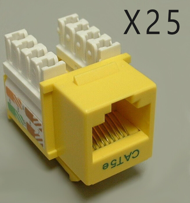 25 Pack Lot - CAT5e Keystone RJ45 110 Punch Down Keystone Snap-In Jack - Yellow