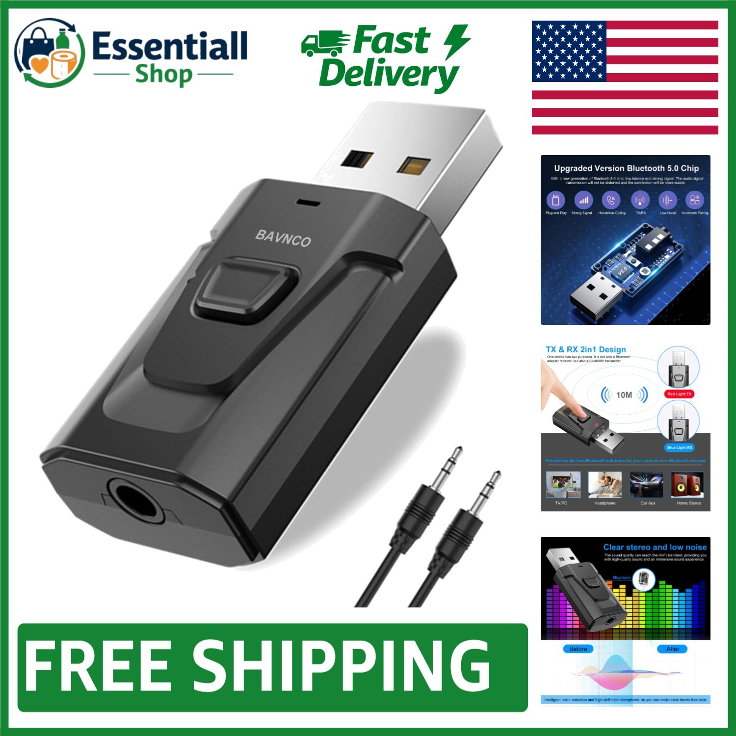 Compact Bluetooth 5.0 Stereo Adapter - Hands-Free Connectivity for All Devices