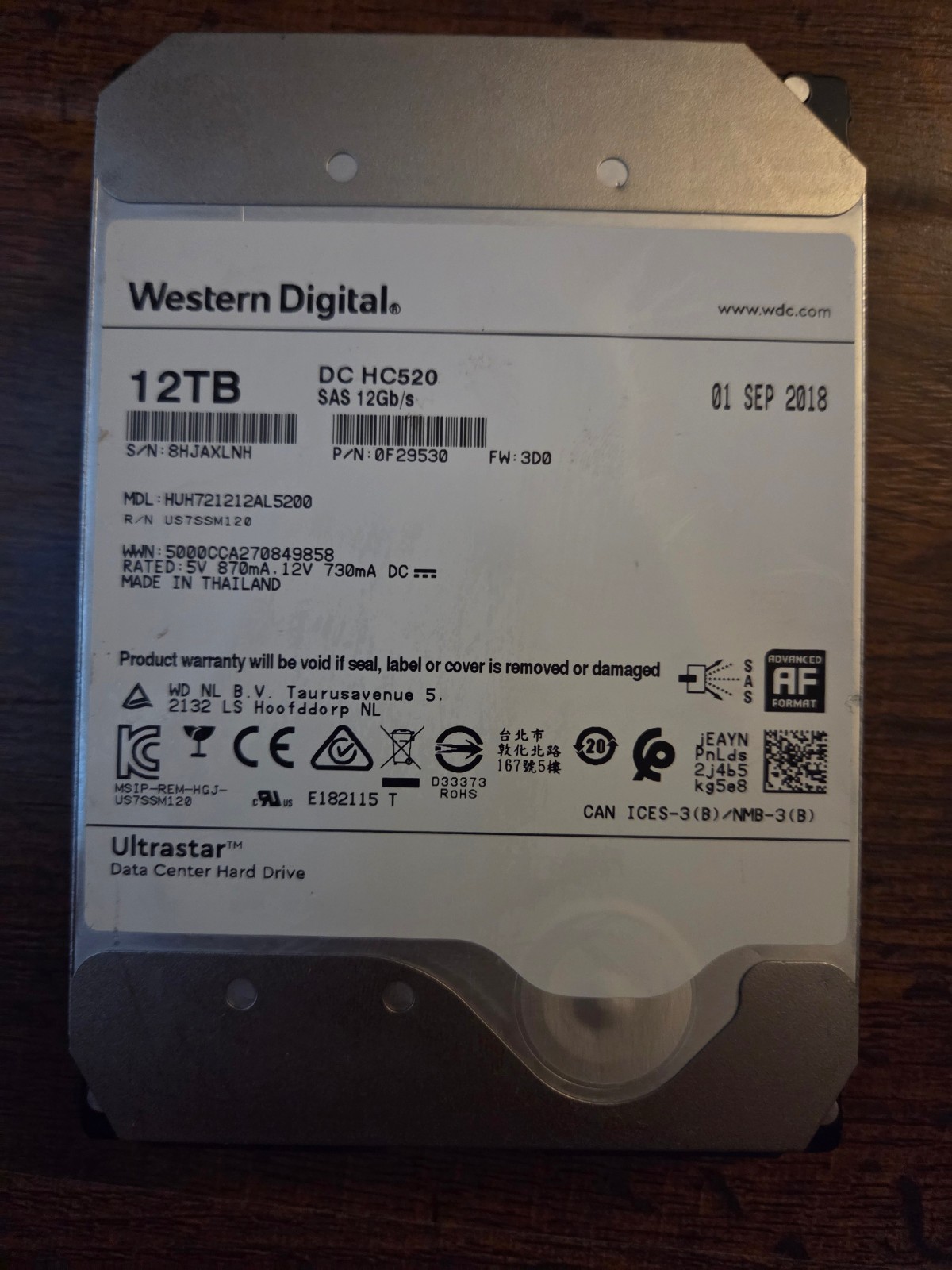 WD HUH721212AL5200 0F29530 12TB 3.5" SAS HDD 12Gb/s 7200 RPM - 100% Health