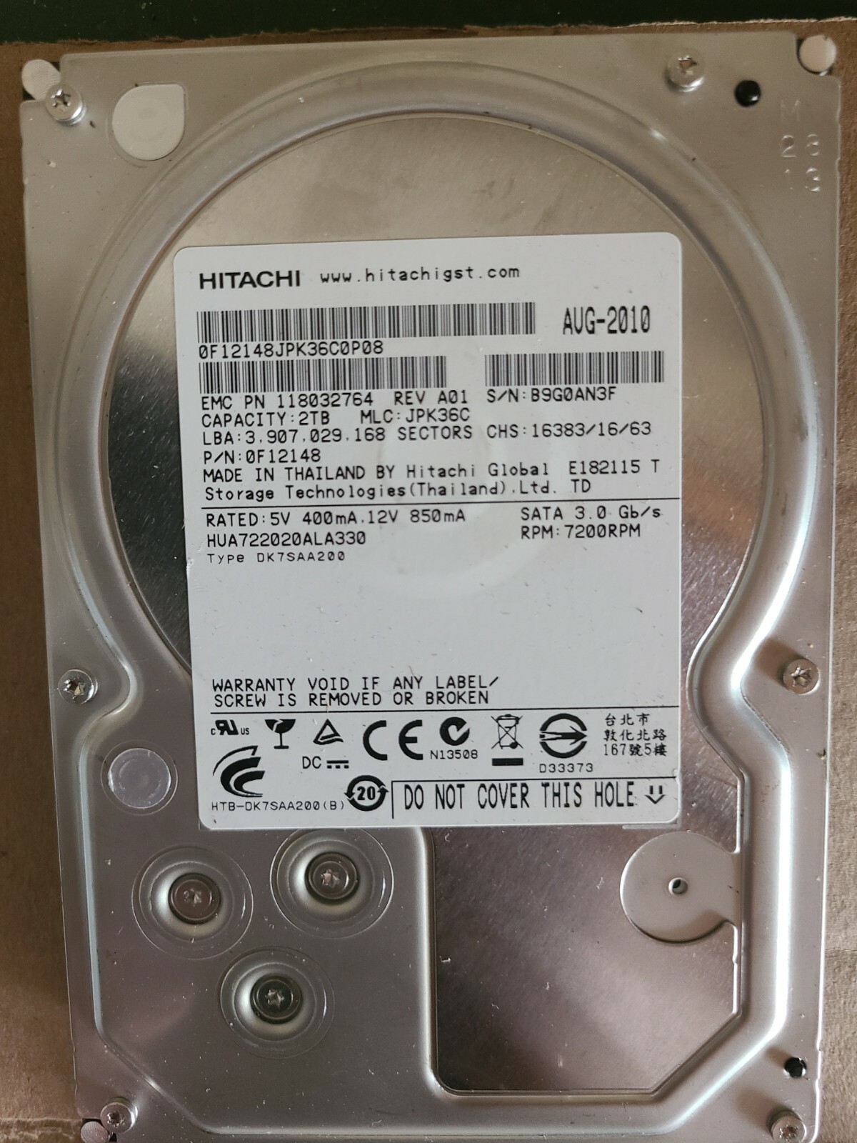 HUA722020ALA330, PN 0F12148, MLC JPK36C, Hitachi 2TB SATA 3.5  EMC P/N 118032764
