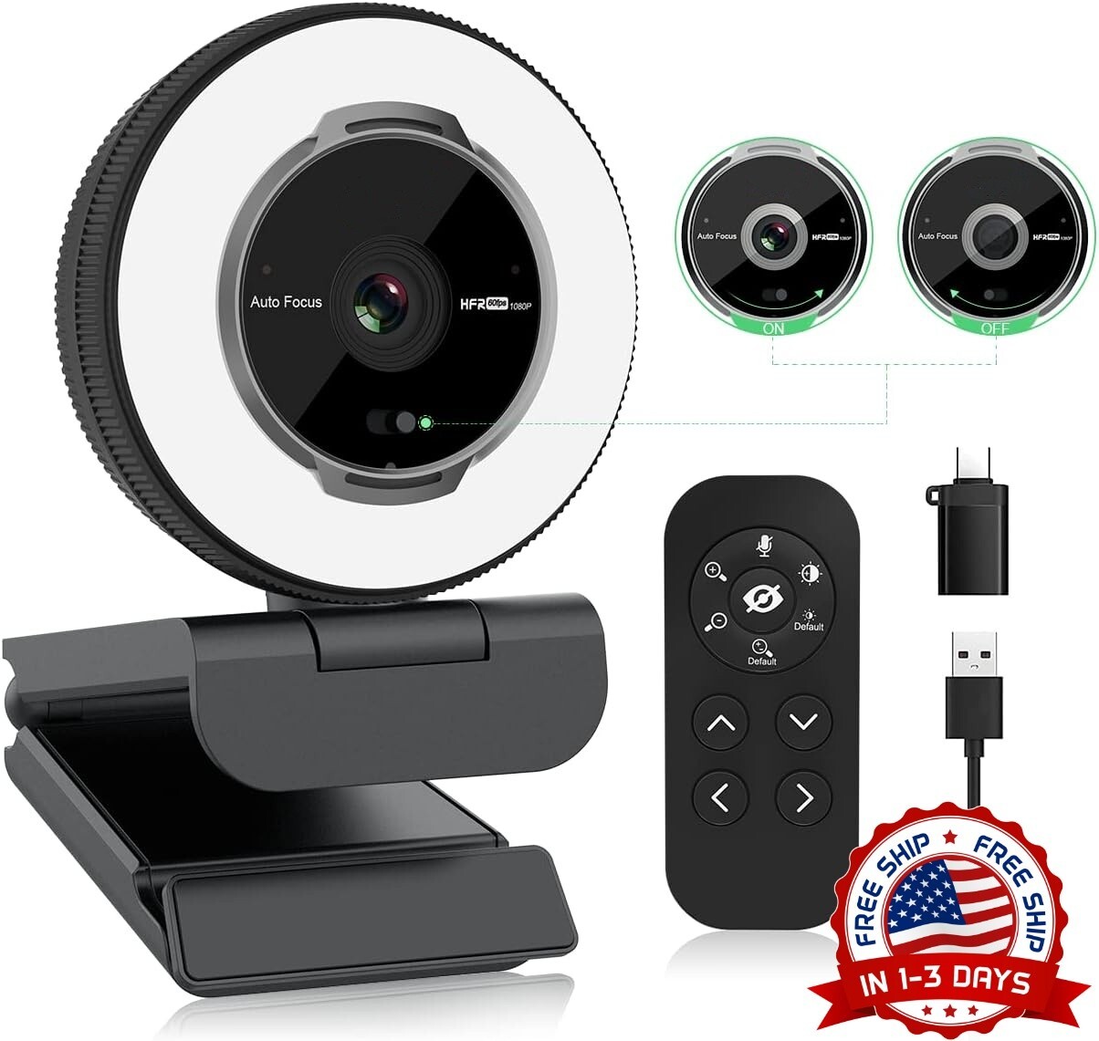 Cámara web de transmisión con micrófono: 1080P con anillo de luz y control remot