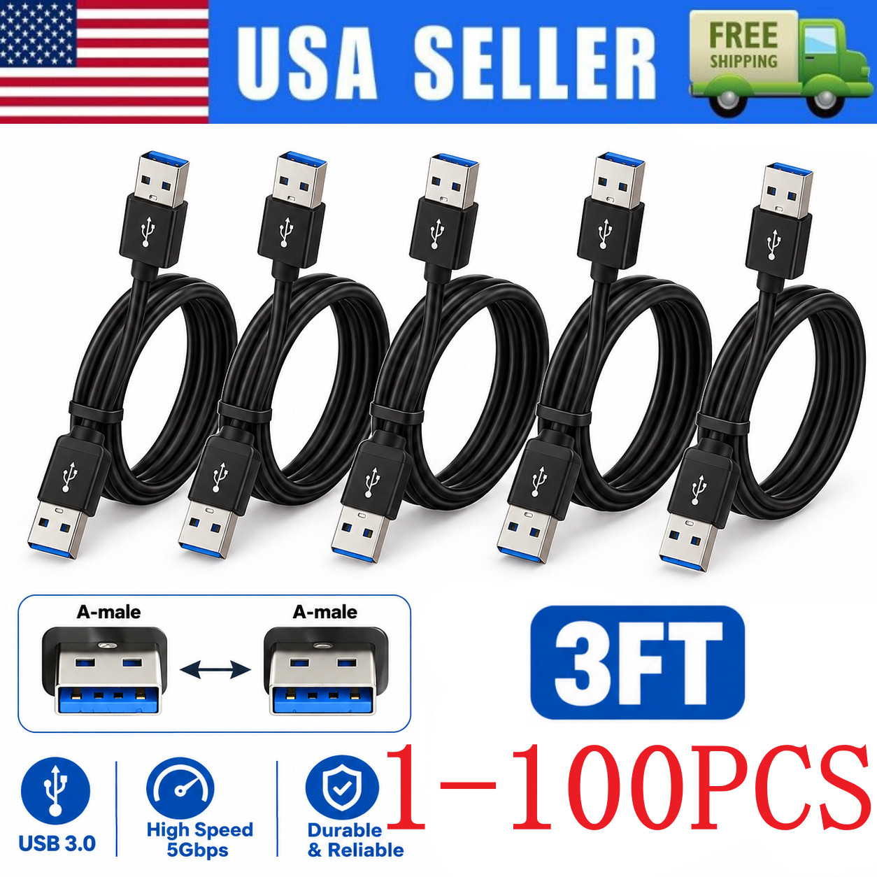 USB 3.0 A Male to A Male Cable Data Transfer Super Speed Power Charger Metal LOT