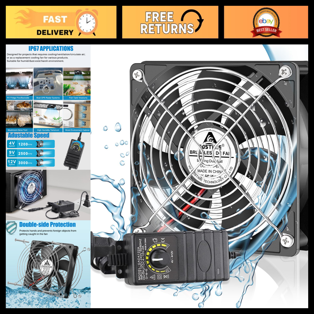 120mm IP67 Waterproof Cooling Fan with Speed Controller - 110V/120V AC Power
