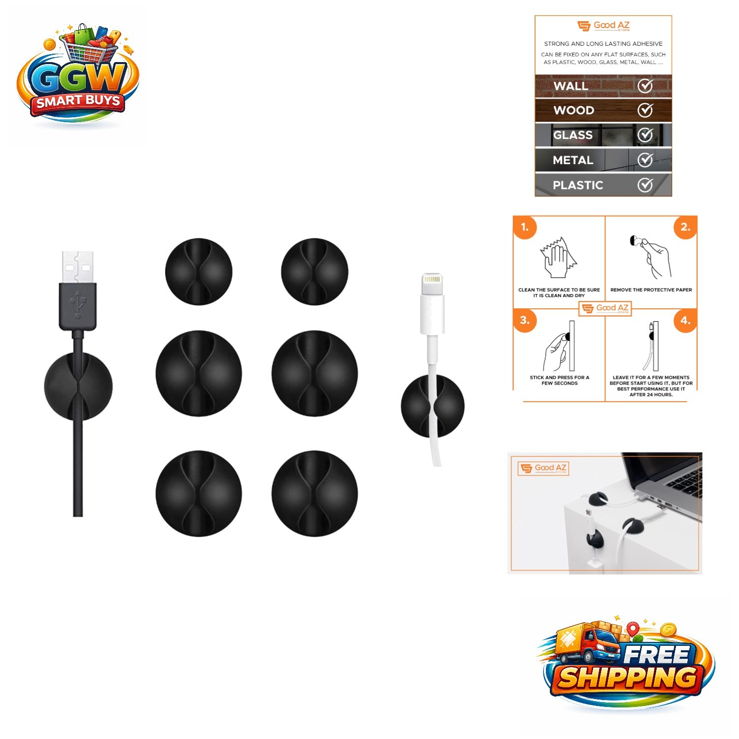 Durable Black Silicone Cord Organizer Clips - 6 Pack for Easy Cable Management