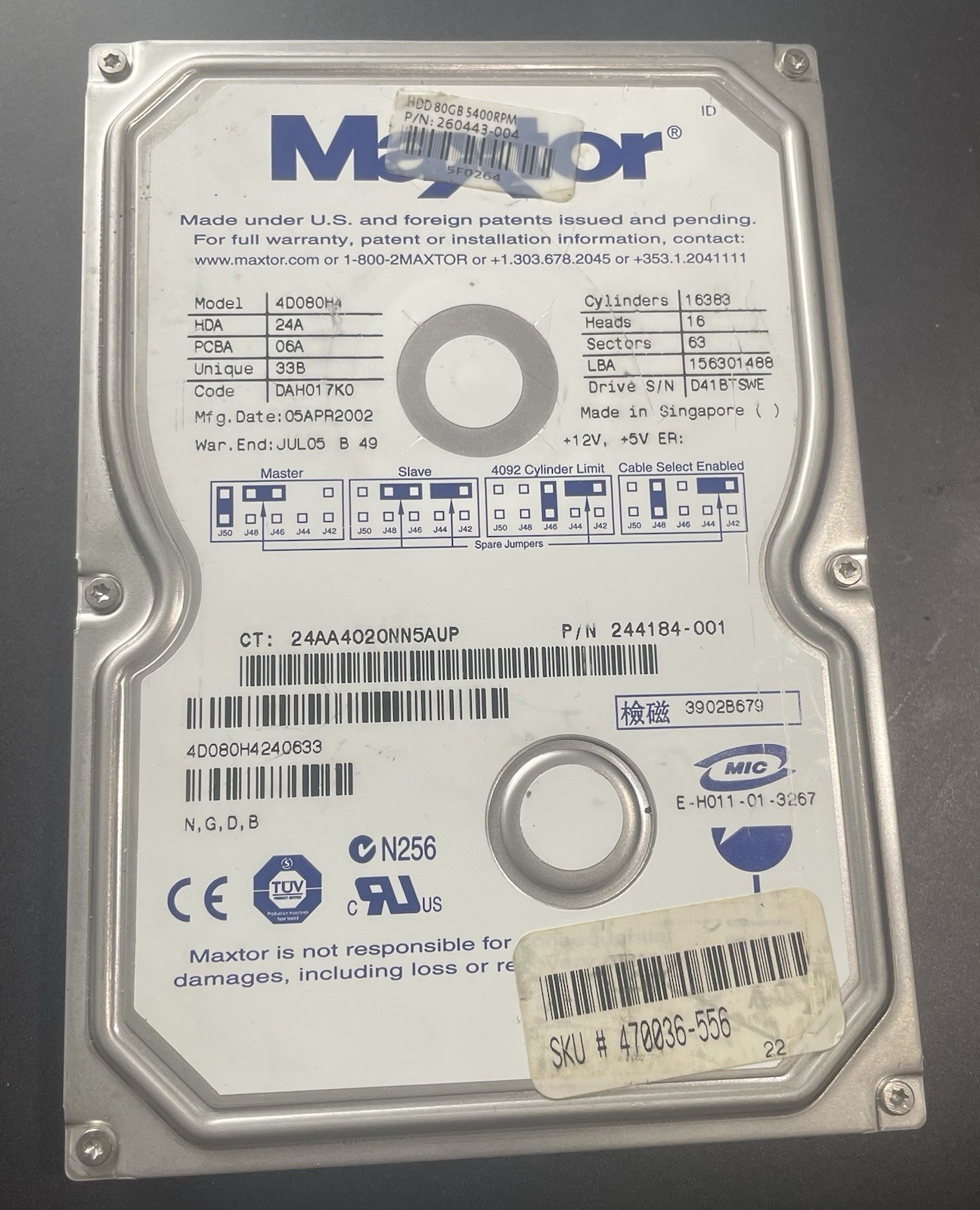 Maxtor Diamondmax 4D080H4 80GB IDE Ultra ATA/100 HD, Tested Good, No Bad Sectors