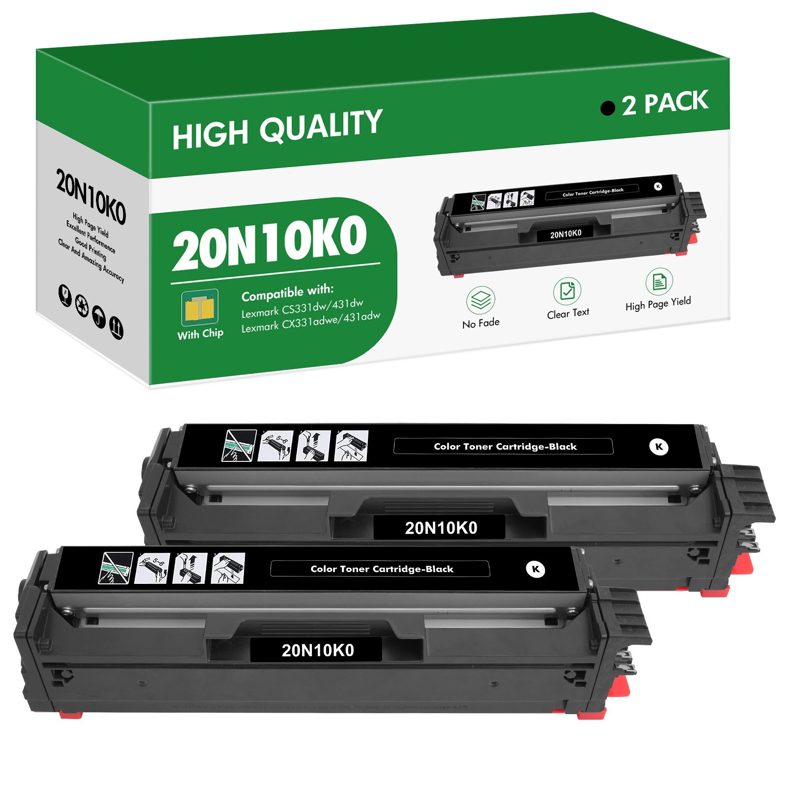 20N10K0 2 Pack Black Toner Cartridge for Lexmark CS331 CX331 CS431 CX431 CS331dw