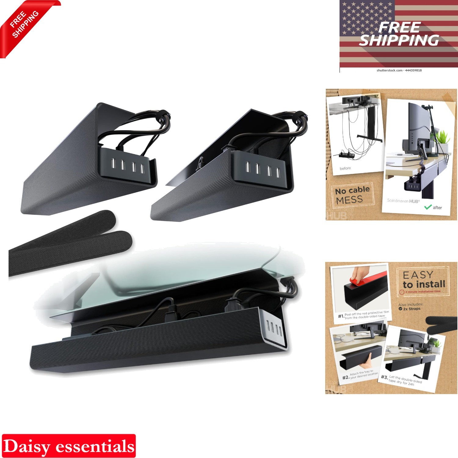 No-Screw Under Desk Cable Management Tray Black 2 Pack Cord Organizer Self-Ad...