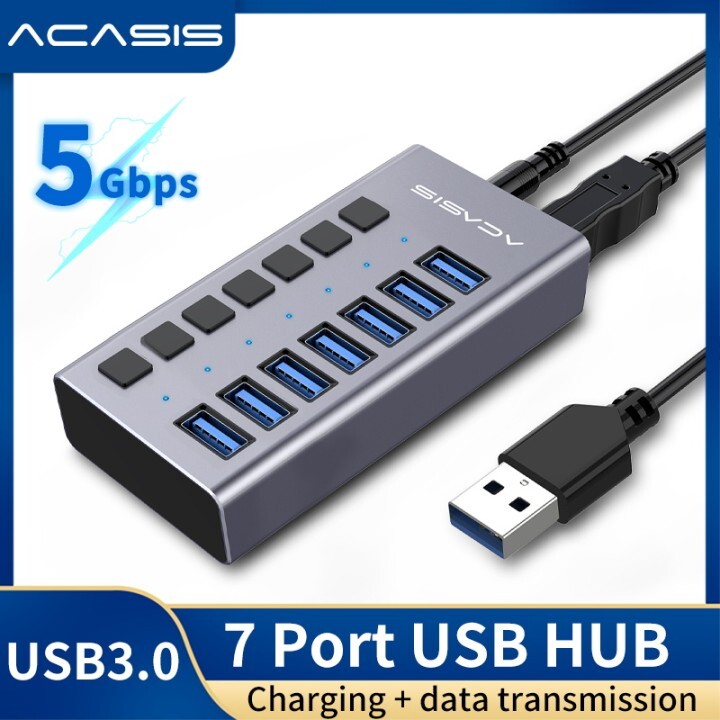 Acasis 7-Port USB 3.0 Hub - Individual Power Switches High-Speed Data Transfer