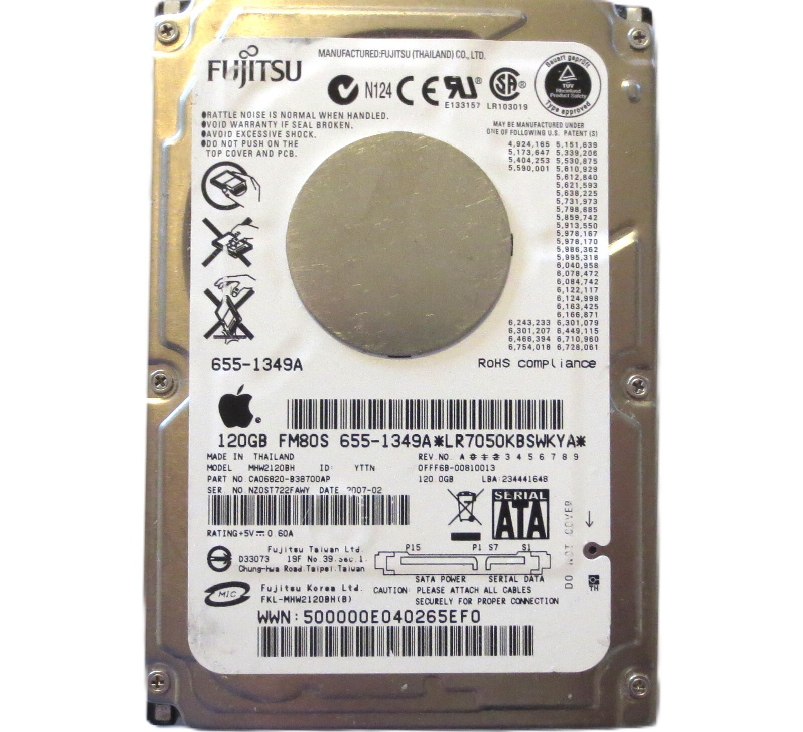 Fujitsu MHW2120BH CA06820-B38700AP 0FFF6B-00810013 (NZ0) Thailand 120gb 2007-02
