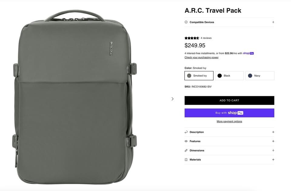 INCASE A.R.C. Travel Pack With ReSpun 100% Recycled Polyester 38L