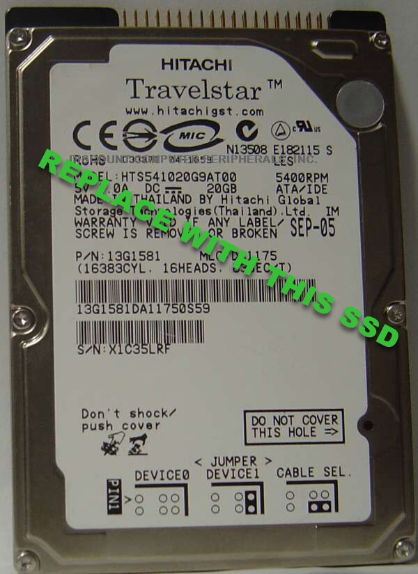 Replace HTS541020G9AT00 with this 20GB Fast SSD 2.5" 44 PIN IDE Drive