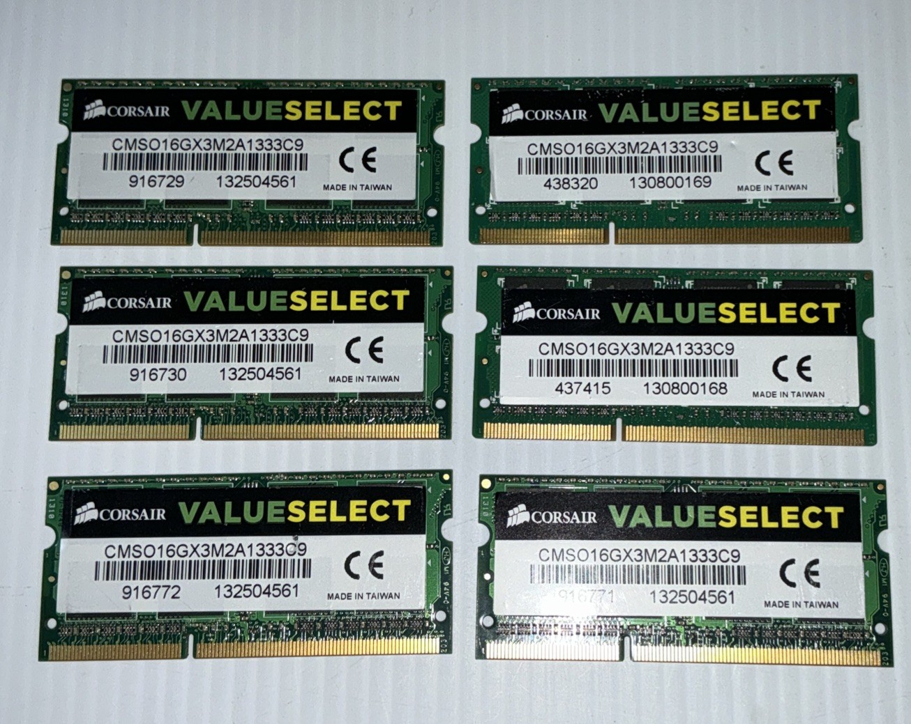 Lot of 6 Corsair 16GB | CMSO16GX3M2A1333C9 | (2x8GB)  SoDimm Memory