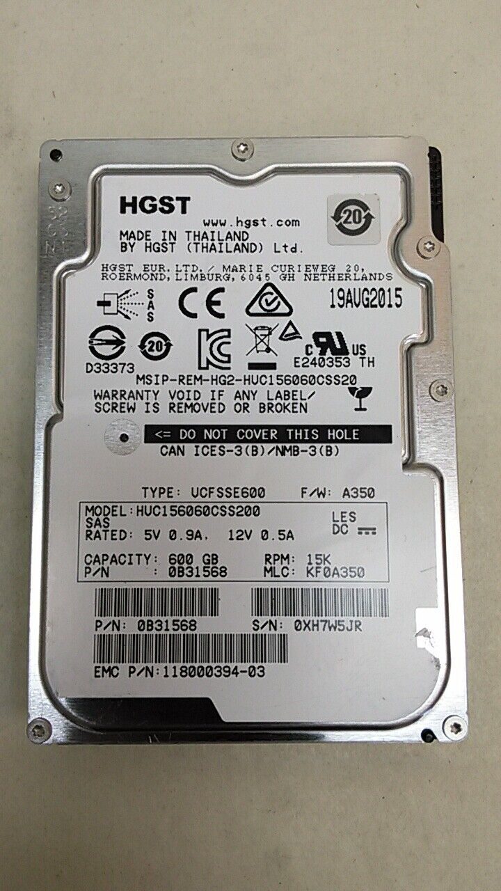 Lot of 5 HGST EMC HUC156060CSS200 CLAR600 600 GB 2.5 in SAS 3 Server Hard Drive