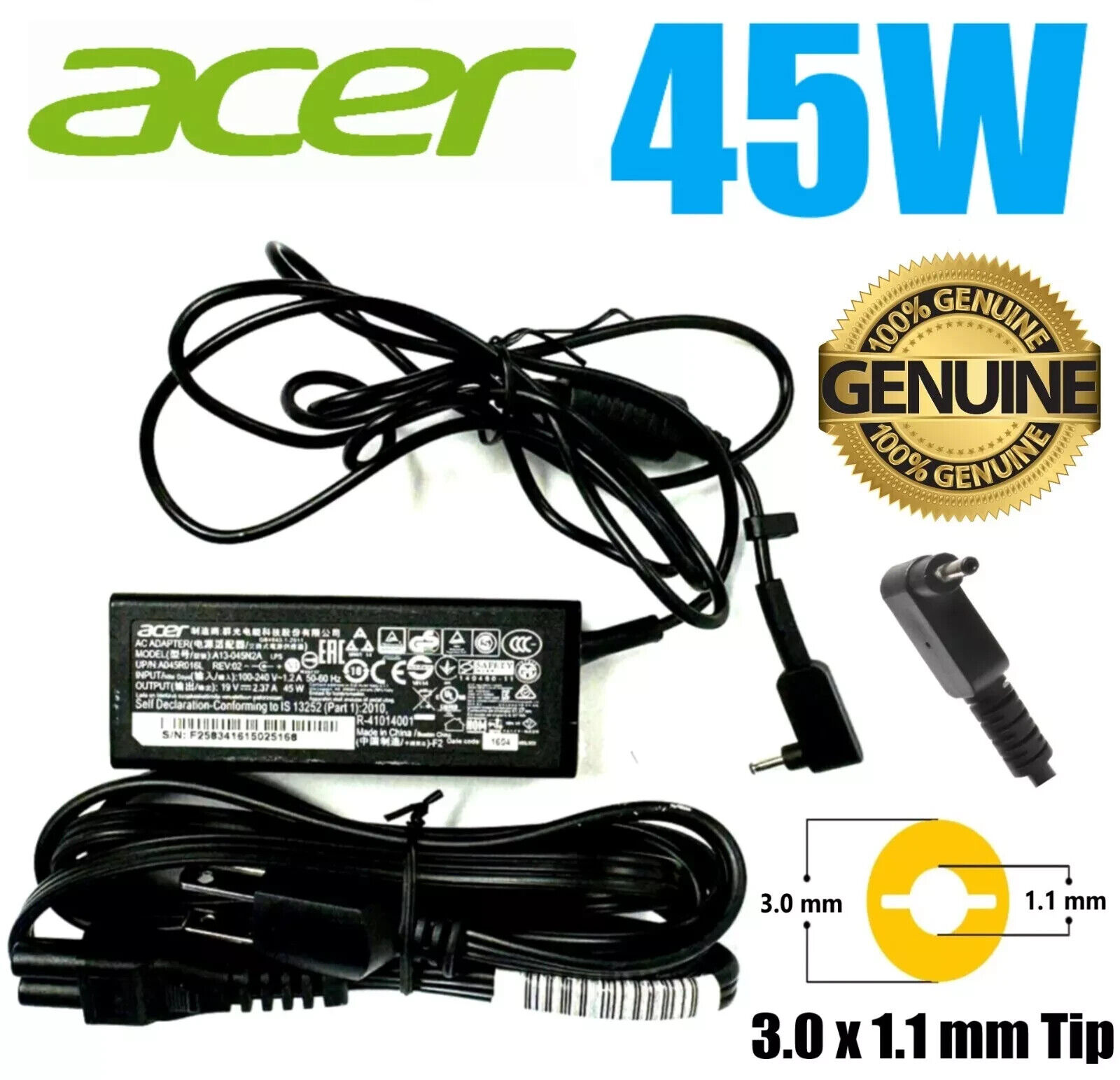 Lot of 10 Acer Genuine Original OEM 45W Adapter 19V 2.37A 3.0x1.1mm