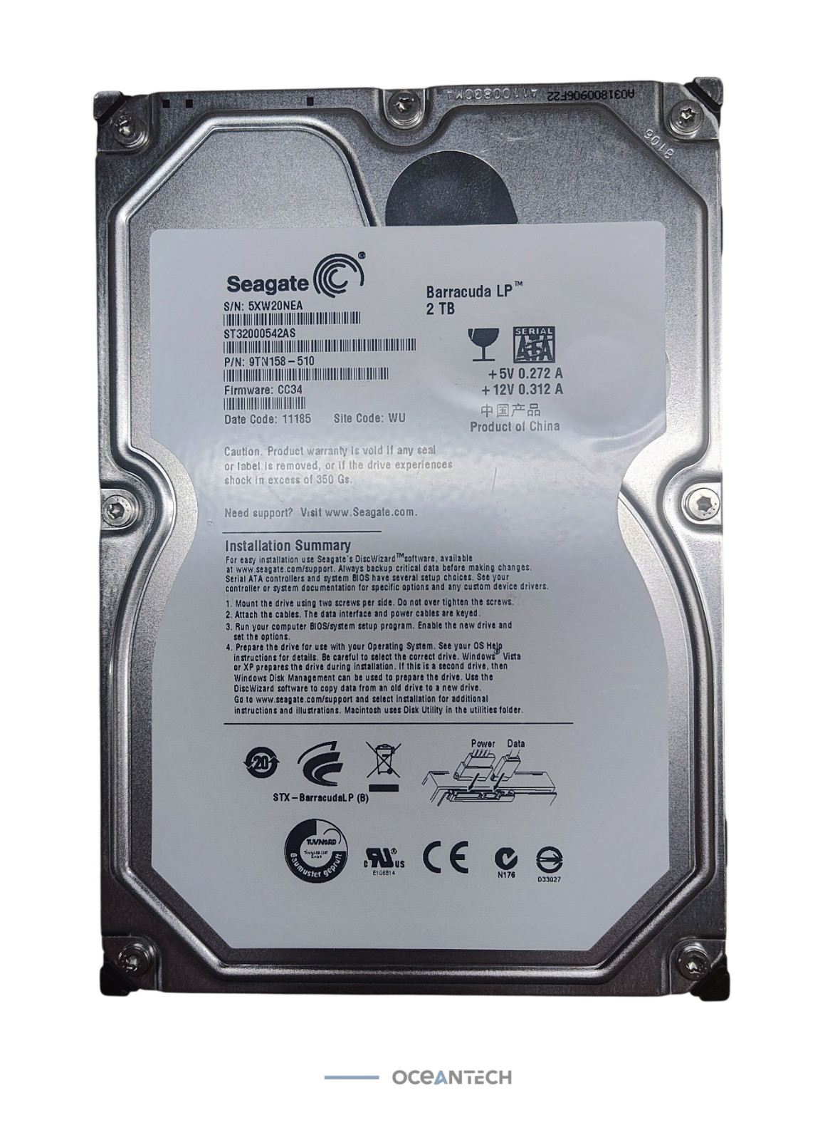 Seagate ST32000542AS 2TB 3.5" 5900 RPM 32MB SATA Hard Drive HDD P/N: 9TN158-510.